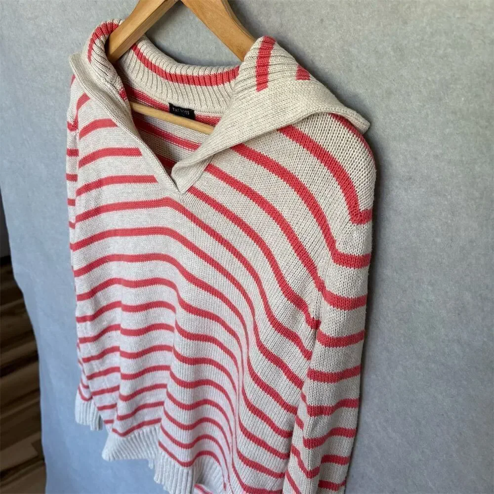 Talbots Women's Petite Striped V-Neck Hoodie Sweater Size M